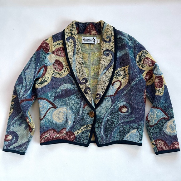 VTG KOKOPELLI WOVEN TAPESTRY ABSTRACT CROPPED BOXY BOLERO JACKET BLAZER SzM - Picture 6 of 12
